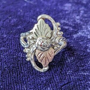 Solid 12K Gold And 925 Sterling Silver Vintage Ring, Flower And Leaves